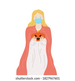 Young girl wear mask and holding pumpkin. Halloween concept. Hand draw thin line style. Vector illustration.