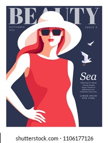 Young girl wearing big white hat and sunglasses, sea background with gulls. Woman fashion magazine cover for the summer holiday season. Vector illustration