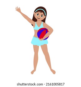 Young Girl Wearing Bikini With Hold Ball On White Background.