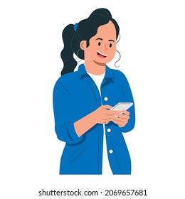 Young girl wearing blue denim shirt and playing with her smartphone, illustration concept.