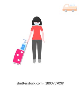 Young Girl Wearing Blue Ear Loop face Mask And Get Hand Sanitizer For Hand Washing For Protect Corona Virus And Flu And PM2.5 To Travel In Pandemic Situation