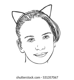 Young girl wearing Cat Ears headband on her head, Vector sketch, Hand drawn illustration.