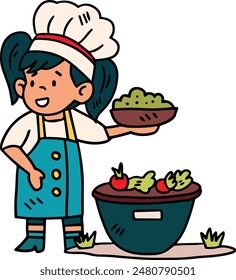 A young girl wearing a chef's hat and apron is holding a bowl of food. She is standing in front of a trash can