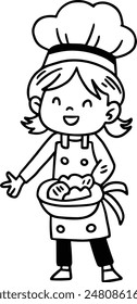 A young girl wearing a chef's hat and apron is holding a bowl of food. She is smiling and she is happy