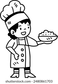 A young girl wearing a chef's hat and apron is holding a bowl of food. She is standing in front of a trash can