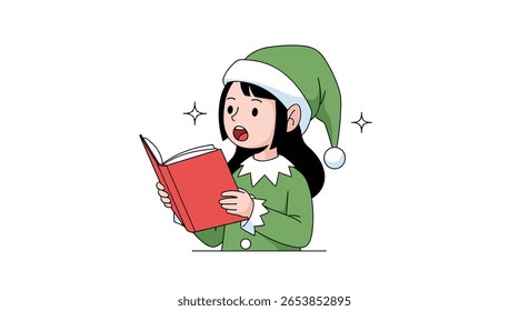 Young girl wearing christmas elf costume enthusiastically reading from an open book under gentle sparkles
