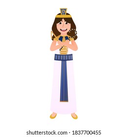 Young girl wearing cleopatra costume for carnival, ancient egyptian character, traditional cutural attire, egyptian ornaments on dress, mythological princess