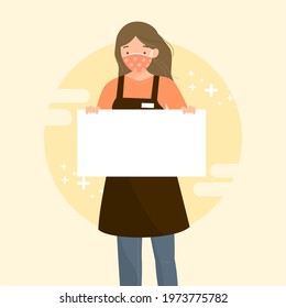 Young girl wearing double protective face mask and cloth face covering, shop assistant holding white empty sign, to protect from Covid19. Reopening with safty measures. Flat vector illustration