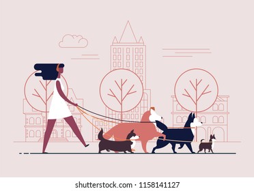 Young girl wearing dress and headphones walks dogs on leash along city street against buildings on background. Female cartoon character promenades or strolls with her domestic animals in downtown.