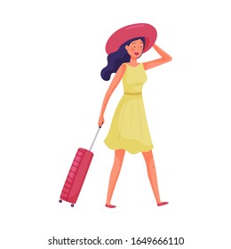 Young Girl Wearing Dress and Pulling Luggage in Hurry Up to the Train or Plane Vector Illustration