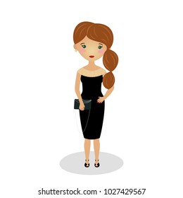 Young girl wearing an elegant midi. Evening outfit. Sleeveless bateau neck knee length gown. Classic little black dress. Caucasian ethnicity. Going on a date. Cartoon character isolated on white.