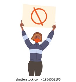 Young Girl Wearing Face Mask Holding Placard or Banner with Ban Sign Supporting Street Protest Against Human Rights Violation Vector Illustration