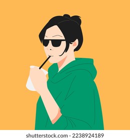 young girl wearing glasses drinking juice, boba milk tea, cocktail. short ponytail hair. vector flat illustration.