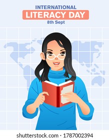 young girl wearing glasses and reading book with world map as background vector illustration for international literacy day. used for campaign poster, website image and other.