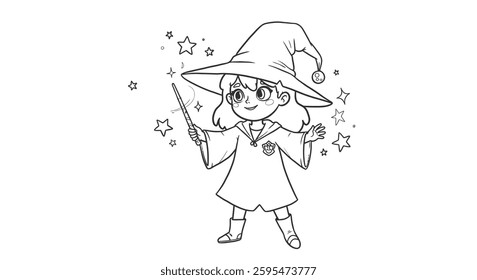 A Young girl wearing hat with magic wizard coloring pages for kids