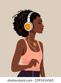 Una joven con auriculares escucha música. Retrato niña afroamericana. Ilustración vectorial plana.