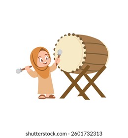 a young girl wearing a hijab and a modest dress, joyfully playing a large traditional drum
