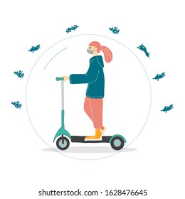 a young girl wearing a mask as a protective bubble against virus and bacteria to prevent the risk of infection with coronavirus 2019-ncov.Flat vector illustration. protecting health during a pandemic