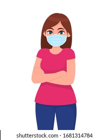 Young girl wearing medical face mask with crossed arms. Trendy woman covering protective surgical mask and keeping hands folded. Female character design concept. Cartoon illustration in vector style.