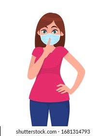 Young girl wearing medical face mask and asking silence. Keep quiet please! Sh! Trendy woman covering protective surgical mask and keeping finger on lips. Cartoon illustration design in vector style.