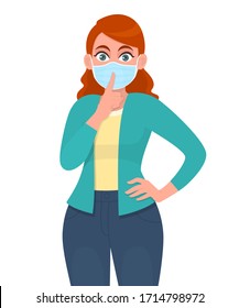 Young girl wearing medical mask and showing finger on lips gesture sign. Woman covering face protection from virus epidemic and asking silence symbol. Female character cartoon illustration in vector.