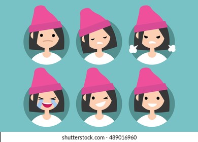 Young girl wearing pink beanie profile pics / Set of flat vector portraits: upset, offended, angry, laughing, winking, smiling