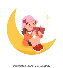 A young girl wearing a pink hat is reading a book on a crescent moon. This scene symbolizes imagination, dreams, and a magical connection to the world of stories and fantasy.