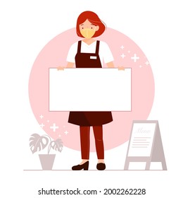 Young girl wearing protective face mask and cloth face covering, shop assistant holding white empty sign, to protect from Covid19. Reopening business with safty measures. Flat vector illustration