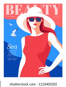 Young girl wearing red dress, big white hat and sunglasses. Woman fashion magazine cover design for the summer holiday season. Vector illustration