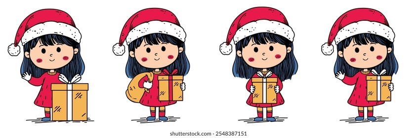 Una niña joven con un sombrero de Santa está llevando regalos