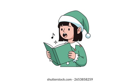 A young girl wearing a santa hat sings from a book during the christmas season