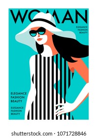 Young girl wearing striped dress, white hat and sunglasses. Woman fashion magazine cover concept for summer season. Vector illustration