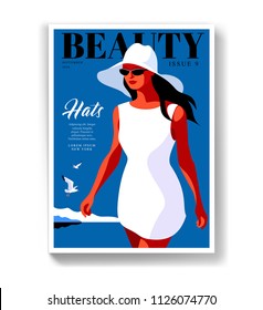 Young girl wearing sunglasses and big hat, walking on the beach. Woman fashion magazine cover design for summer travel season. Vector illustration