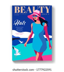 Young girl wearing sunglasses and big hat, walking on the beach. Woman magazine cover design for summer holidays season. Vector illustration