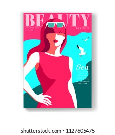 Young girl wearing sunglasses. Sea background with gulls. Woman fashion magazine cover design for the summer holiday season. Vector illustration