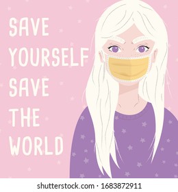 Young girl wearing a surgical mask. Corona virus 2019-nCov motivation poster design with positive message. Flat vector illustration