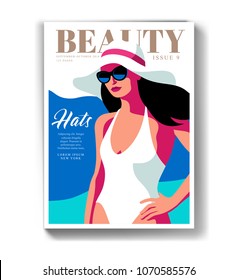 Young Girl Wearing Swimsuit, Sunglasses And Big Hat, Walking On The Beach. Woman Magazine Cover Design For Summer Travel Season. Vector Illustration