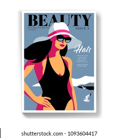 Young girl wearing swimsuit, sunglasses and big hat. Woman fashion magazine cover for the summer holiday season. Vector illustration