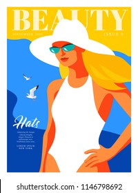 Young girl wearing swimsuit, sunglasses and big hat. Woman fashion magazine cover for the summer holidays season. Vector illustration