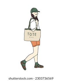 Young girl wearing tote bag, hand drawn style vector