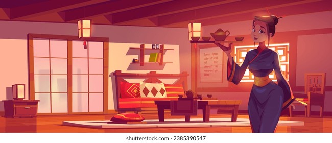 Young girl wearing traditional Chinese or Japanese kimono holds tray with teapot and cups in hand in room with tea ceremony table, door and window, sofa and traditional decorations. Cartoon vector.