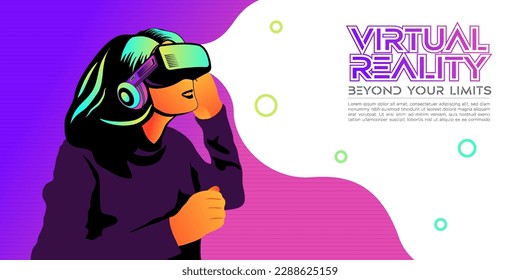 Young girl wearing virtual or augmented reality glasses. vr world with neon Shape wallpaper template
