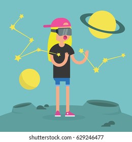 Young girl wearing virtual reality glasses surrounded by planets and stars / flat editable vector illustration, clip art