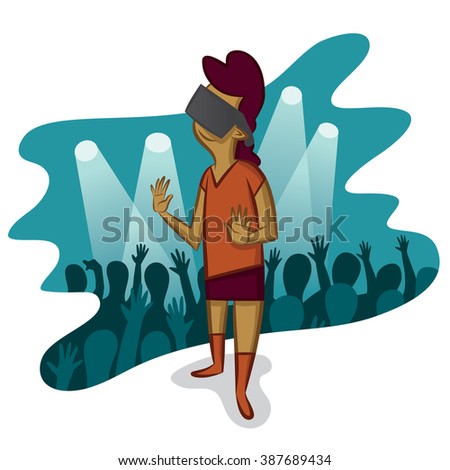 Young girl wearing virtual reality goggles attends a virtual concert