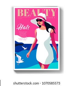 Junge Mädchen mit weißem Kleid, Sonnenbrille und großem Hut, die am Strand spazieren gehen. Magazin Cover Design für Sommerreisen. Vektorgrafik