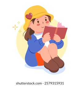 A young girl wearing a yellow hat is reading a book.