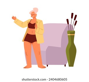 Young girl wearing a yellow shirt. Happy person dressing or changing apparel at home. Getting ready in morning, putting on clothes. Flat vector illustration isolated on white background