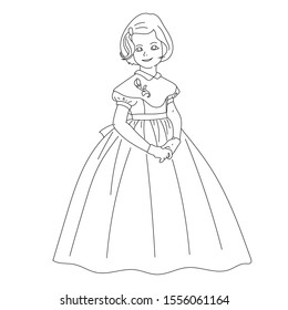 A young girl wears a long and elegant dress - coloring page