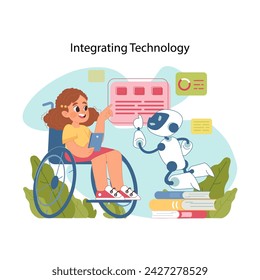 Young girl in wheelchair engaging with friendly robot, discussing appearing screens. Integration of technology in modern education. Technological assistance for disabled people. Flat vector