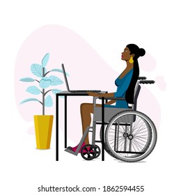 Young girl in wheelchair works on laptop. Freelance. vector illustration.